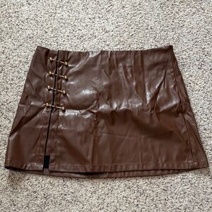 Brown Faux Leather Skirt with Gold Accents